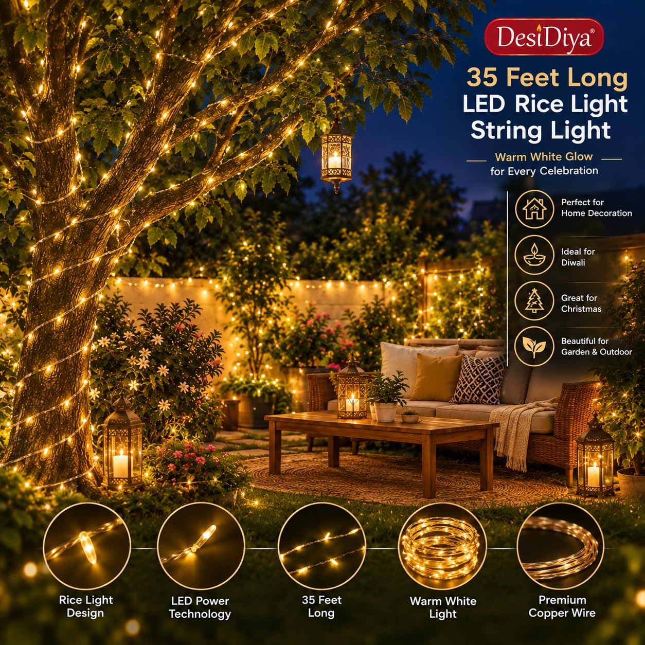 DesiDiya® 35 Feet Long LED Power Pixel Serial String Light, 360 Degree Light in Bulb